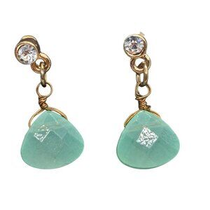 Green glass earrings petite gold tone
